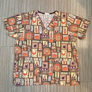 L or XL Thanksgiving Scrub Top w/ Pilgrims & Turkeys